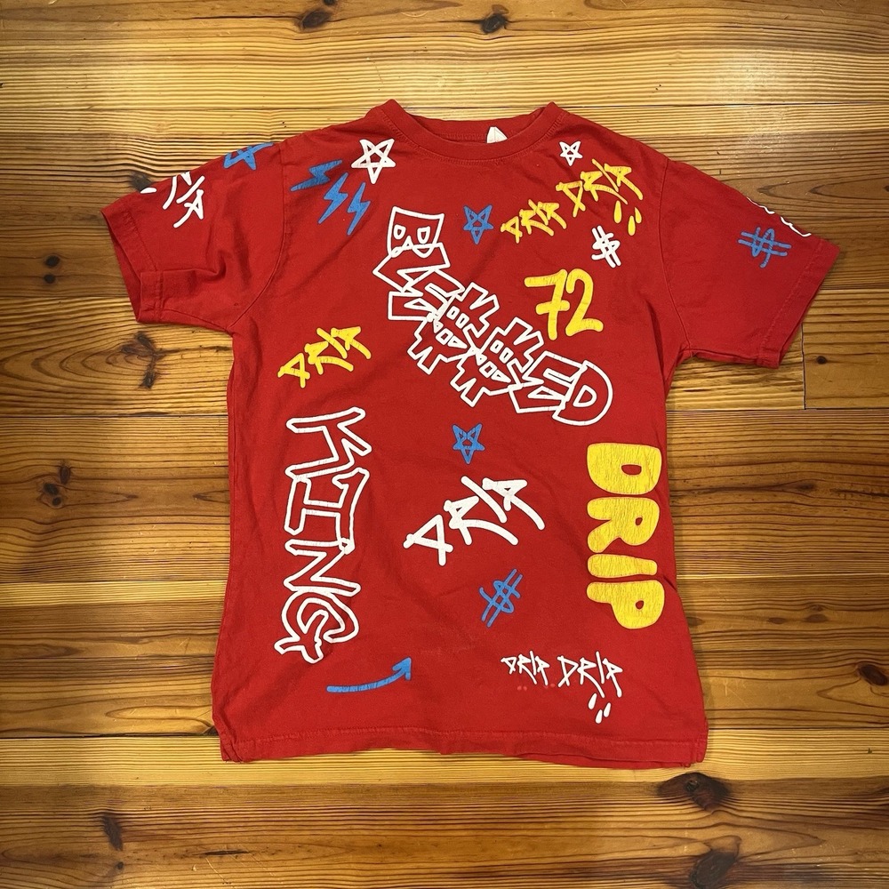 FWRD Denim Men T-Shirt L Red with Graffiti Drip King 72 Legend All Over Print